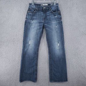 BKE TYLER 32R straight thick stitch whiskered western distressed jeans (30x30)